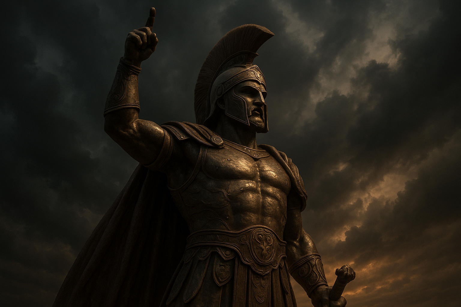 Dramatic statue of an ancient Greek warrior in armour against stormy sky